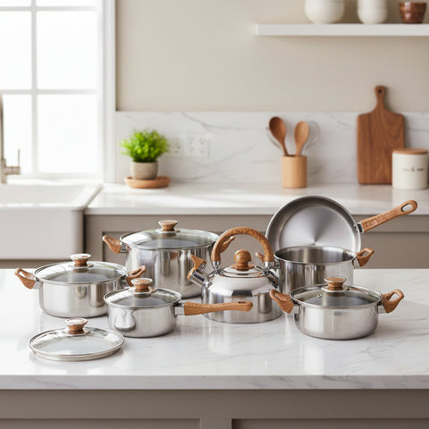 12-Piece Stainless Steel Cookware Set with Wooden Handles