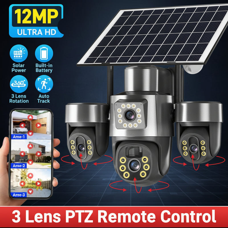 12MP Ultra HD Solar Powered WiFi PTZ Security Camera System with 3 Lens Rotation
