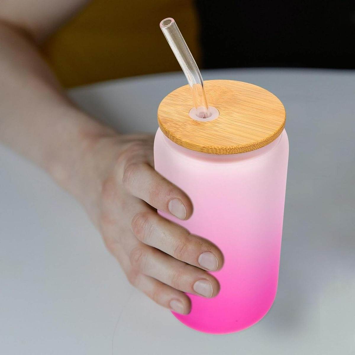 Frosted Drinking Glass With Bamboo Lid (380ml)(Each)